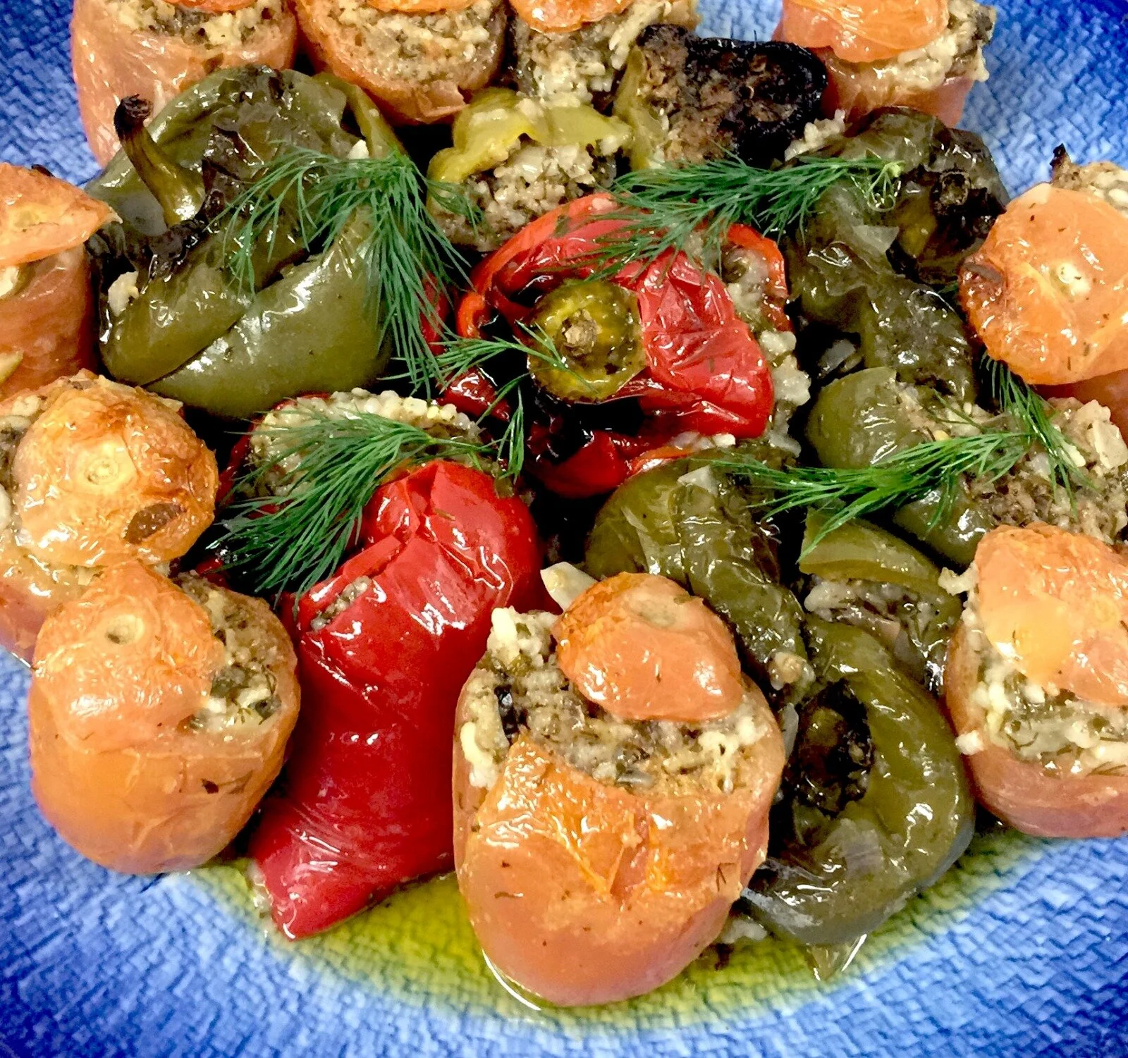 Biber dolması — stuffed peppers with rice, herbs, currants