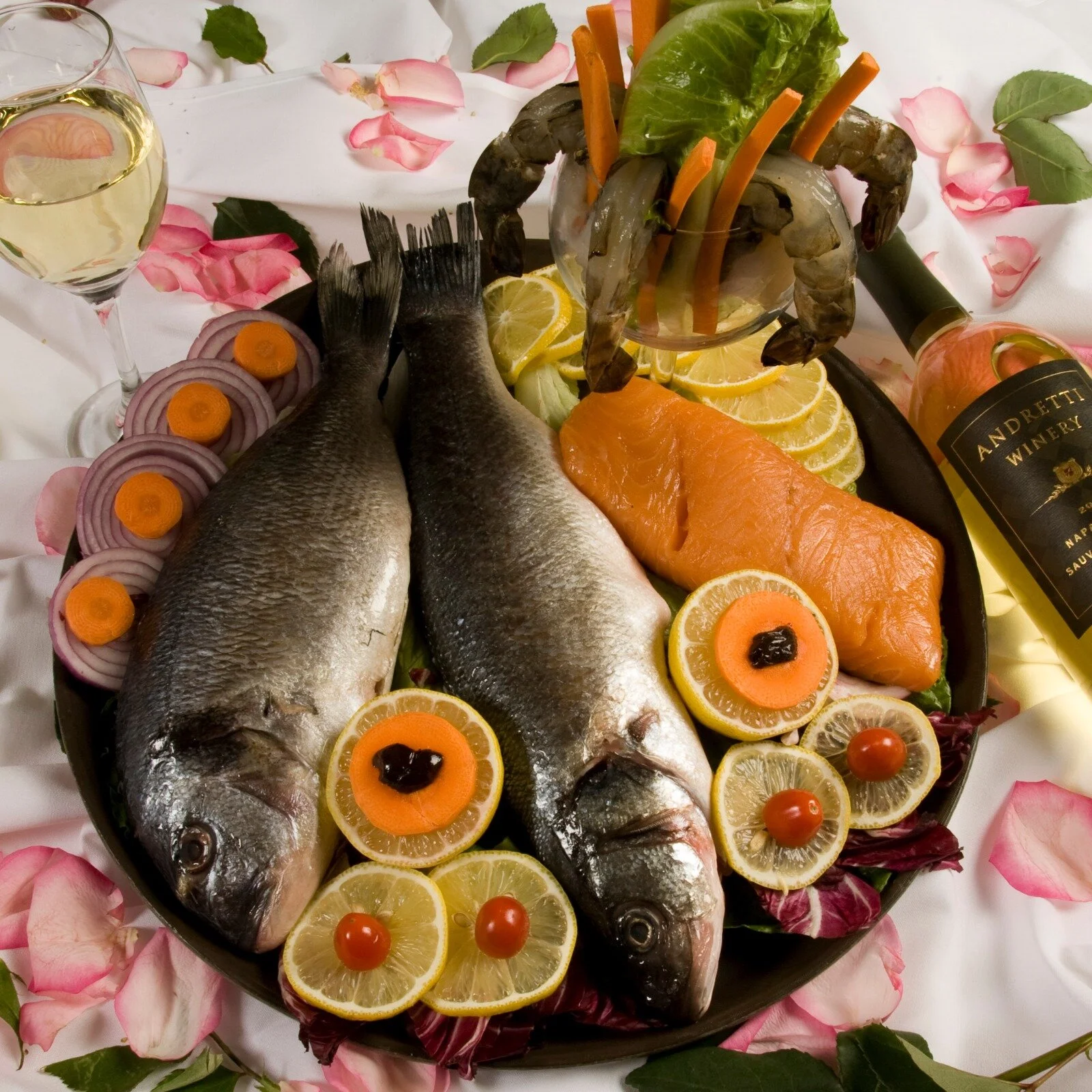Seafood platter — branzino, smoked salmon, shrimp